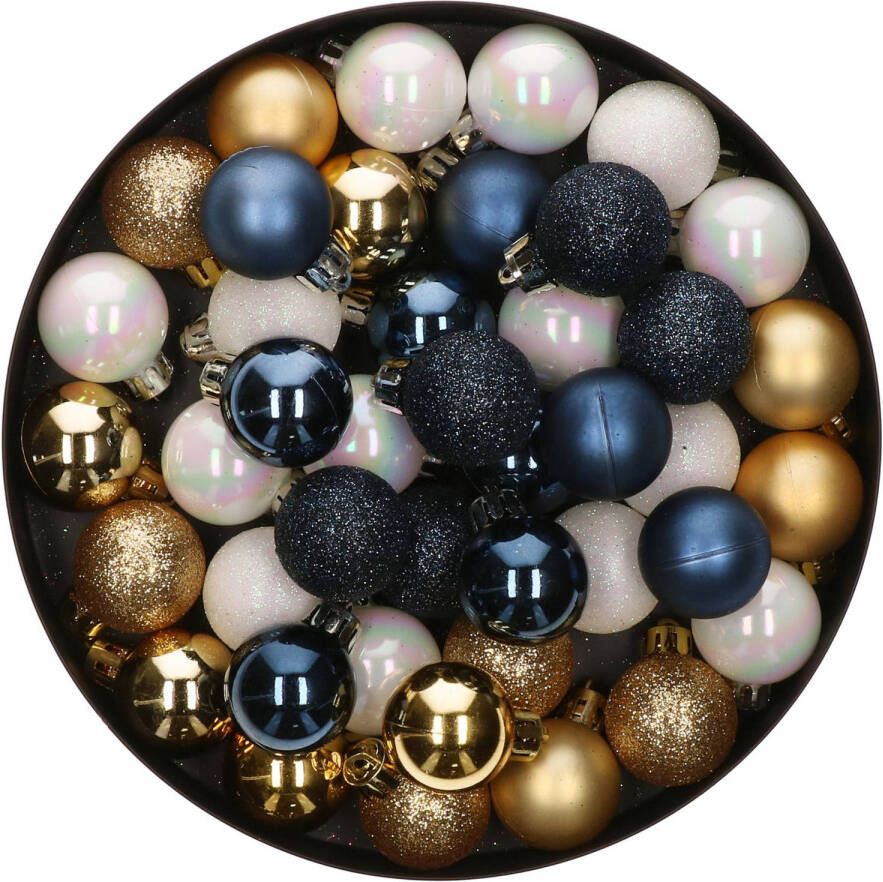 Merkloos 42x Stuks kunststof kerstballen mix wit goud donkerblauw 3 cm Kerstbal