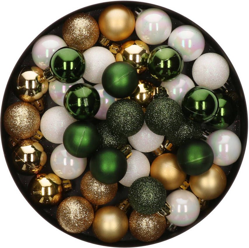 Merkloos 42x Stuks kunststof kerstballen mix wit goud donkergroen 3 cm Kerstbal
