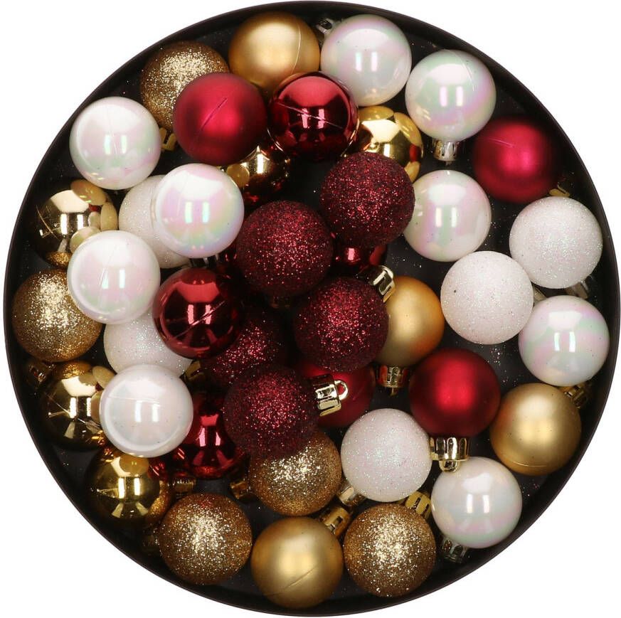 Merkloos 42x Stuks kunststof kerstballen mix wit goud donkerrood 3 cm Kerstbal