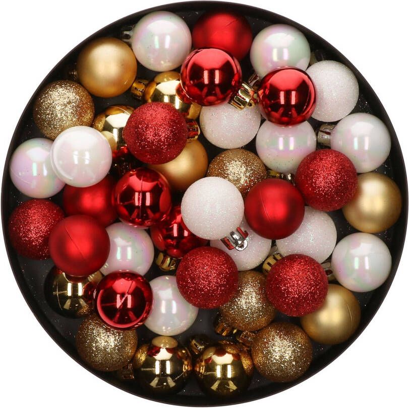 Merkloos 42x Stuks kunststof kerstballen mix wit goud rood 3 cm Kerstbal