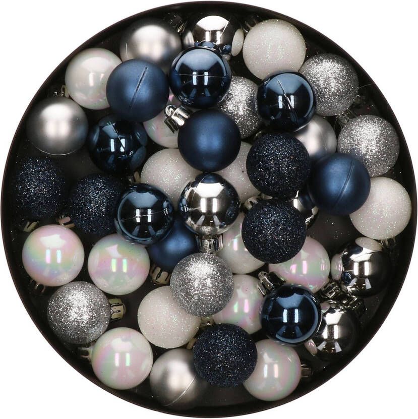 Merkloos 42x Stuks kunststof kerstballen mix wit zilver blauw 3 cm Kerstbal