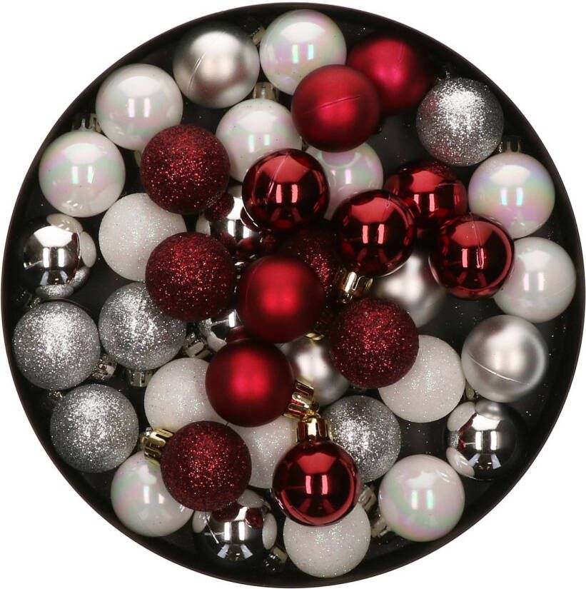 Merkloos 42x Stuks kunststof kerstballen mix wit zilver donkerrood 3 cm Kerstbal
