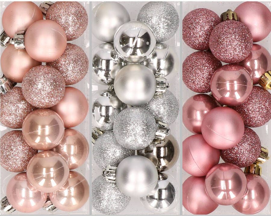 Merkloos 42x Stuks kunststof kerstballen mix zilver oud roze lichtroze 3 cm Kerstbal
