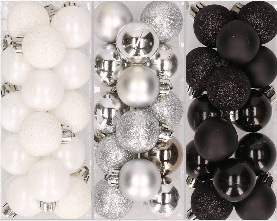 Merkloos 42x Stuks kunststof kerstballen mix zwart zilver wit 3 cm Kerstbal