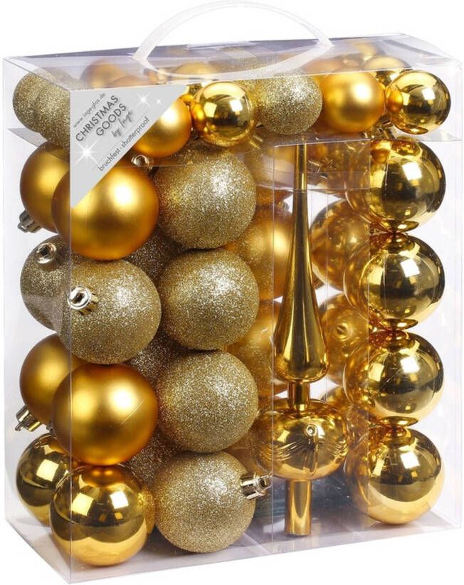 Merkloos 47x Kunststof kerstballen pakket met piek goud Kerstbal