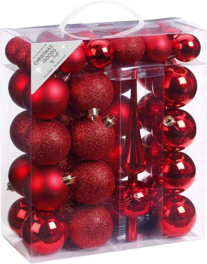 Merkloos 47x Kunststof kerstballen pakket met piek rood Kerstbal