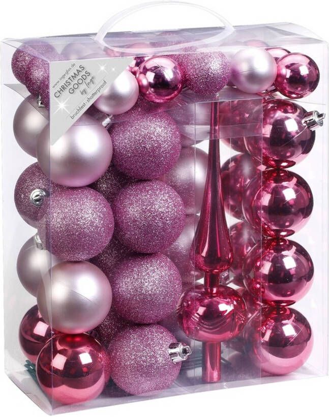 Merkloos 47x Roze mix kunststof kerstballen 4-6 cm mat glans met piek Kerstbal