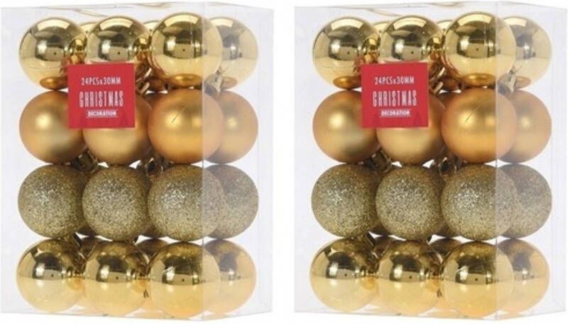Merkloos 48x Glans mat glitter kerstballen goud 3 cm kunststof kerstboom versiering decoratie Kerstbal