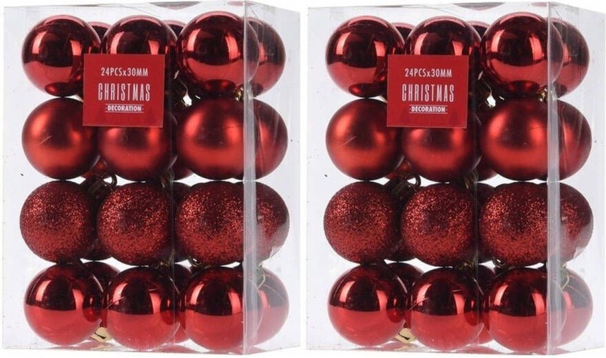 Merkloos 48x Rode kerstballen 3 cm kunststof mat glans glitter Kerstbal