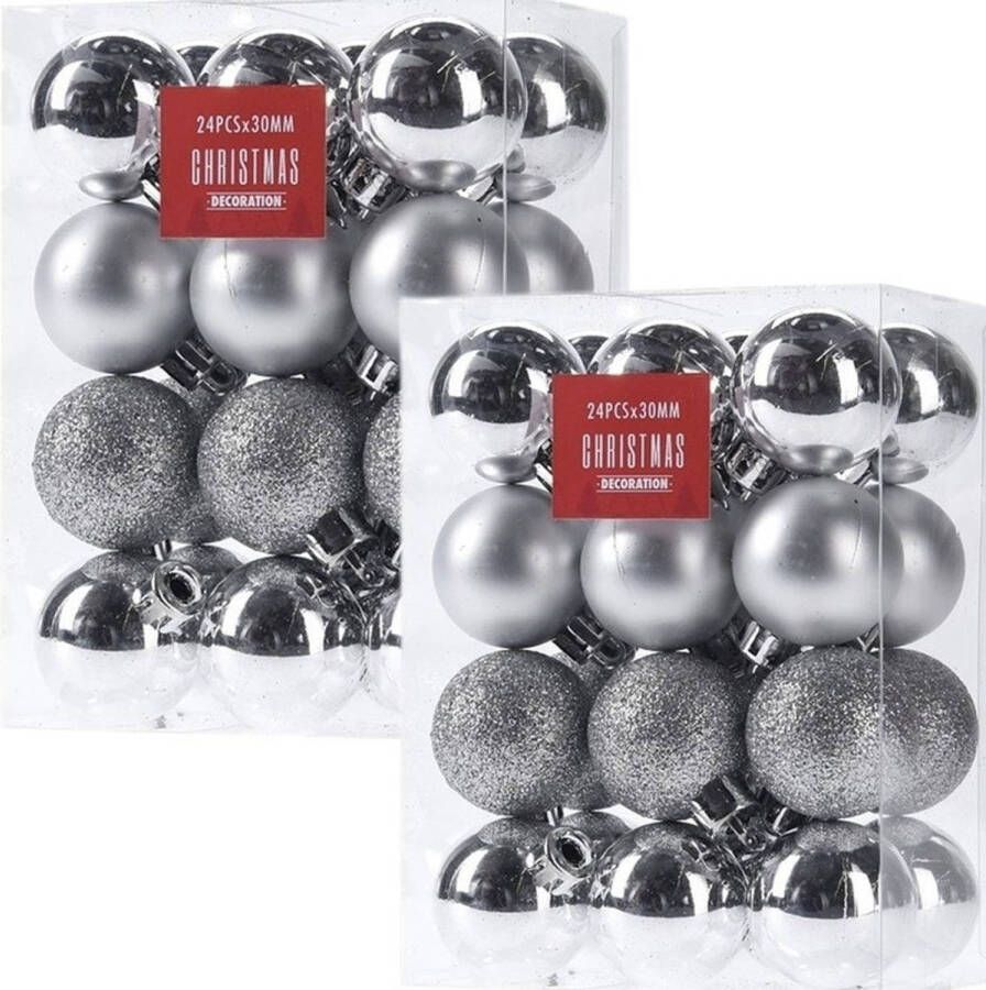 Merkloos 48x Glans mat glitter kerstballen zilver 3 cm kunststof kerstboom versiering decoratie Kerstbal