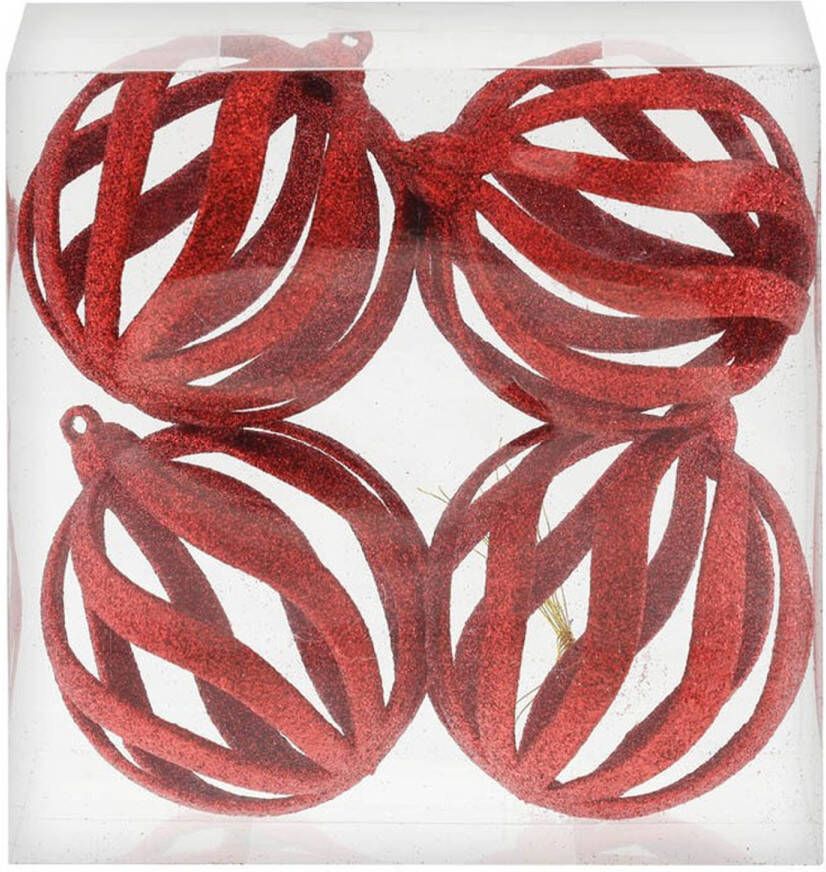 Merkloos 4x Draad kerstballen rood met glitter 8 cm van kunststof plastic Kerstbal
