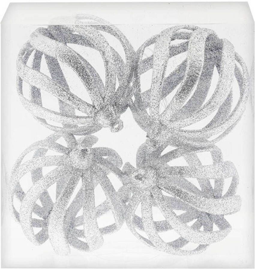 Merkloos 4x Draad kerstballen zilver met glitter 8 cm van kunststof plastic Kerstbal