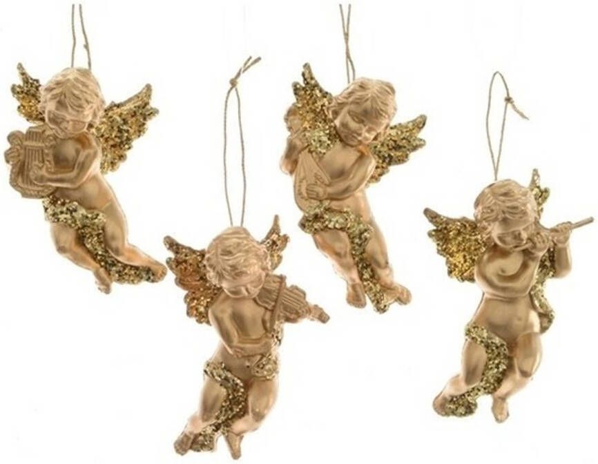 Merkloos 4x Kerst hangdecoratie gouden engeltjes met muziekinstumenten 10 cm Kersthangers