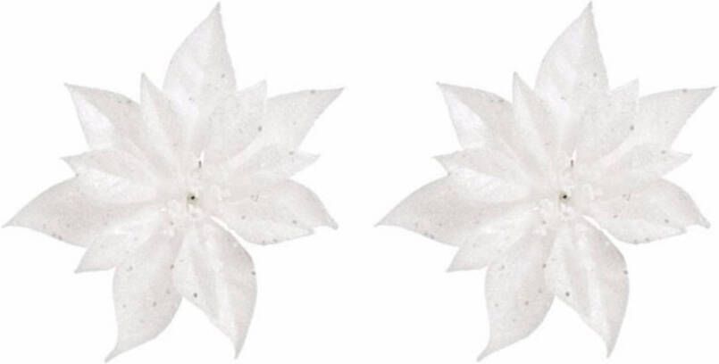 Merkloos 4x Kerstboomversiering bloem op clip witte kerstster 18 cm Kersthangers