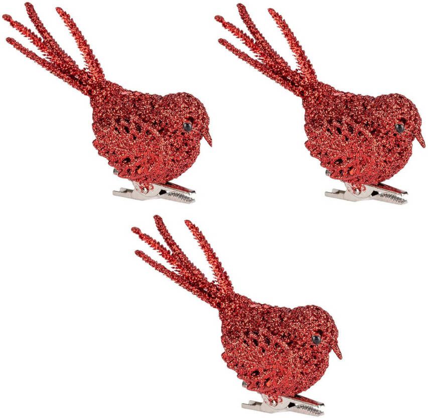 Cosy & Trendy 4x Kerstboomversiering glitter rode vogeltjes op clip 12 cm Kersthangers