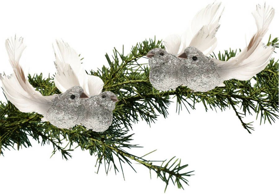 Merkloos 4x Kerstboomversiering glitter zilver vogeltje op clip 10 cm Kersthangers