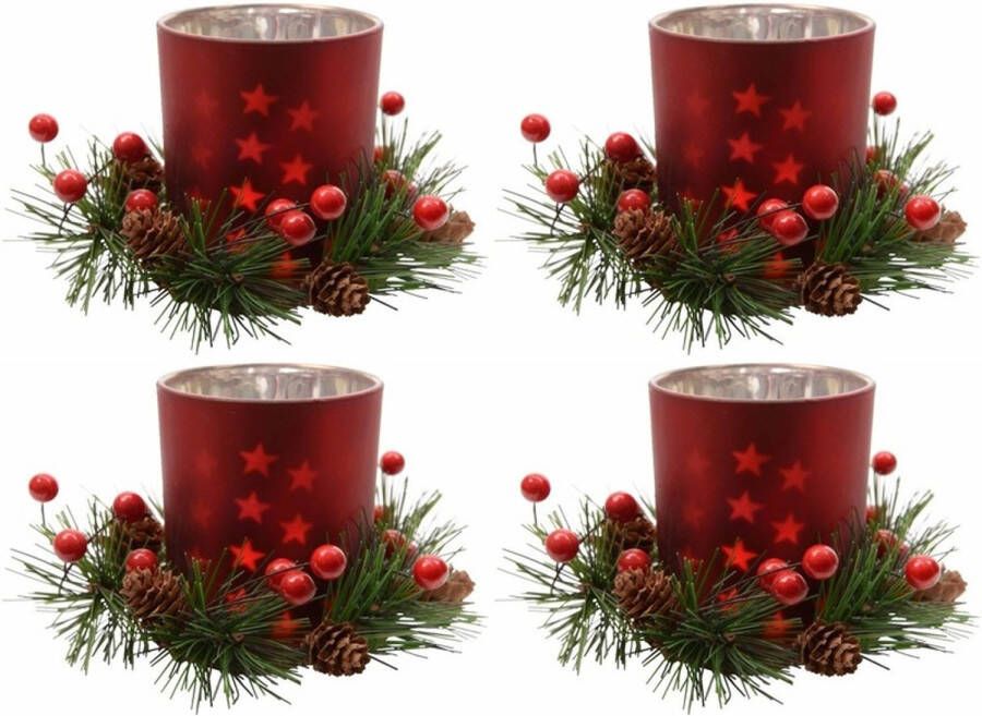 Merkloos 4x Kerstdecoratie theelichthouders rood 8 cm Waxinelichtjeshouders
