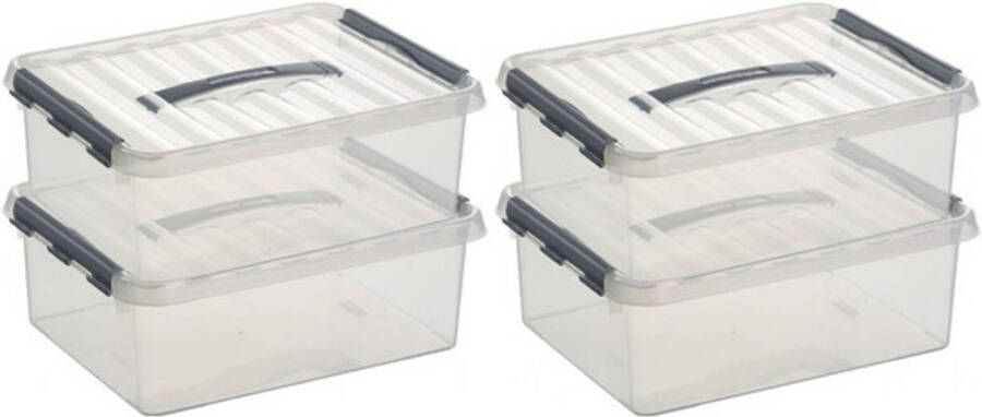 Sunware 4x Q-Line opberg box opbergdoos 12 liter 40 x 30 x 14 cm kunststof A4 formaat opslagbox Opbergbak kunststof transparant zilver Opbergbox