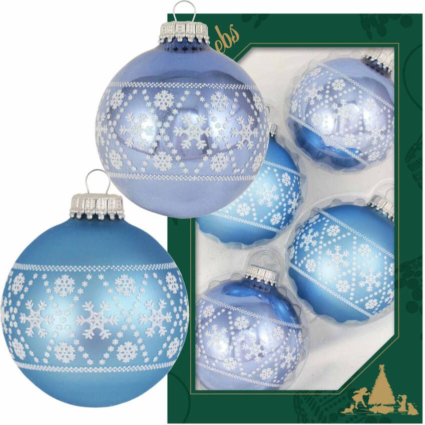 Merkloos 4x Luxe blauwe glazen kerstballen met witte sneeuwvlokken 7 cm Kerstbal