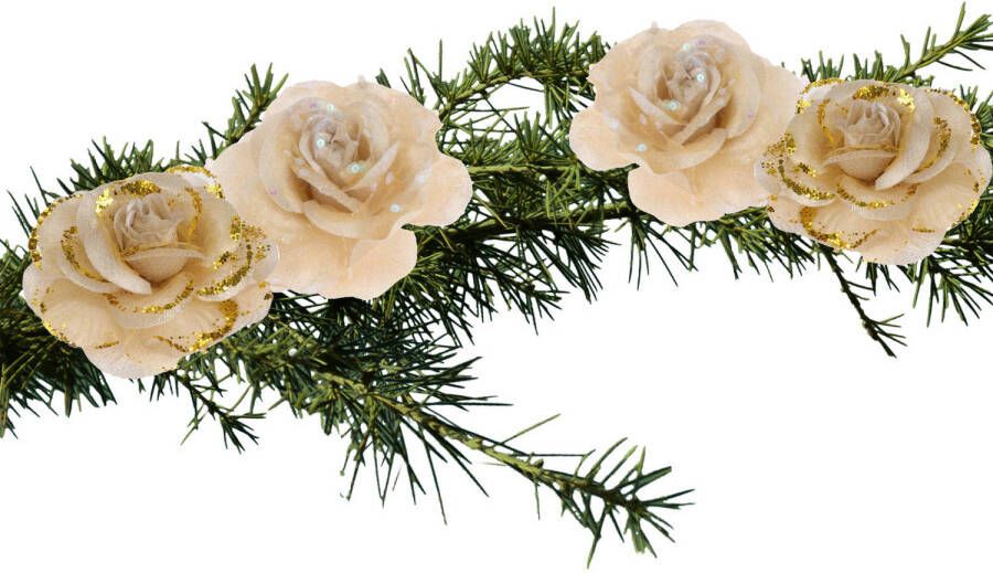 Merkloos 4x stuks decoratie bloemen rozen goud op clip 9 cm Kunstbloemen