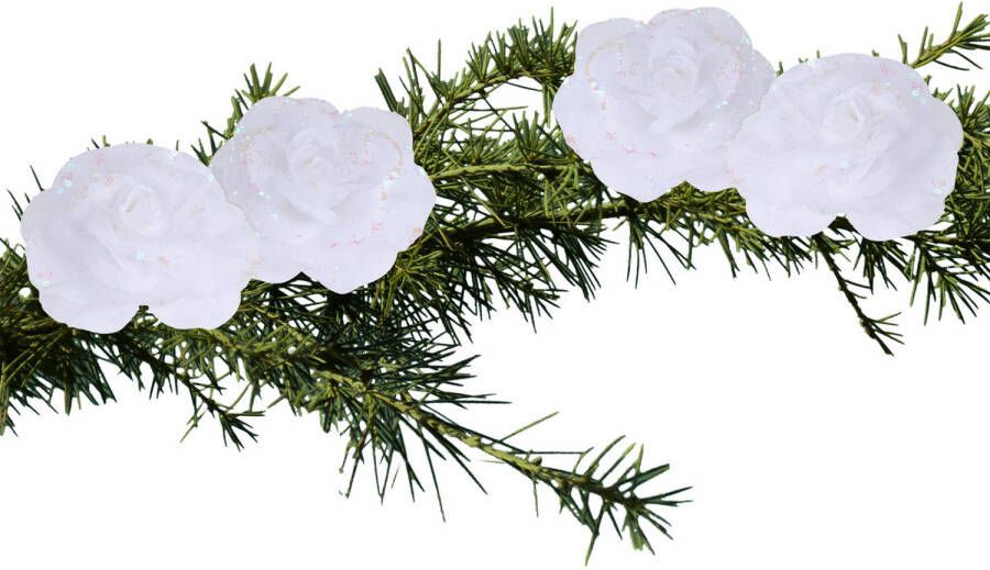 Merkloos 4x stuks decoratie bloemen rozen wit op clip 9 cm Kunstbloemen