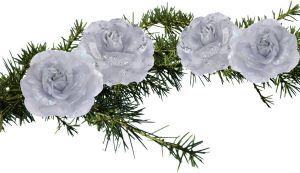 Merkloos 4x Stuks Decoratie Bloemen Rozen Zilver Op Clip 9 Cm Kersthangers