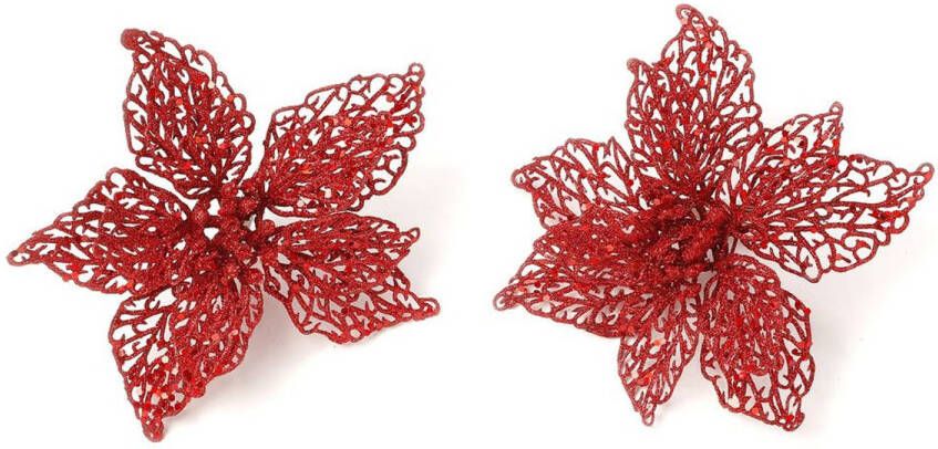 Merkloos 4x stuks decoratie kerststerren bloemen rood glitter op clip 18 cm Kunstbloemen