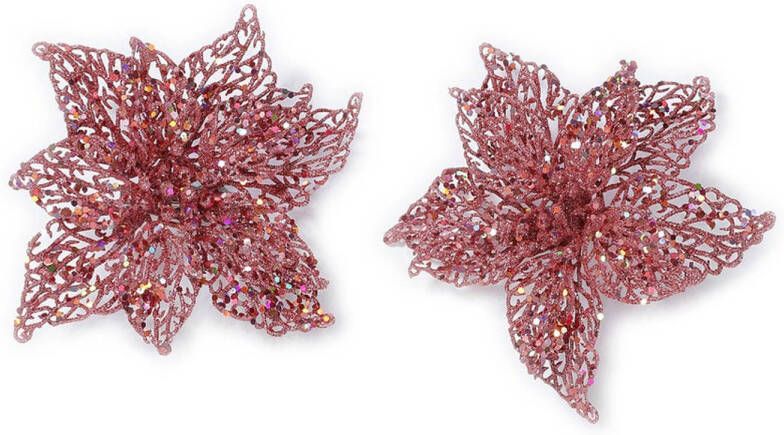 Merkloos 4x stuks decoratie kerststerren bloemen roze glitter op clip 18 cm Kunstbloemen