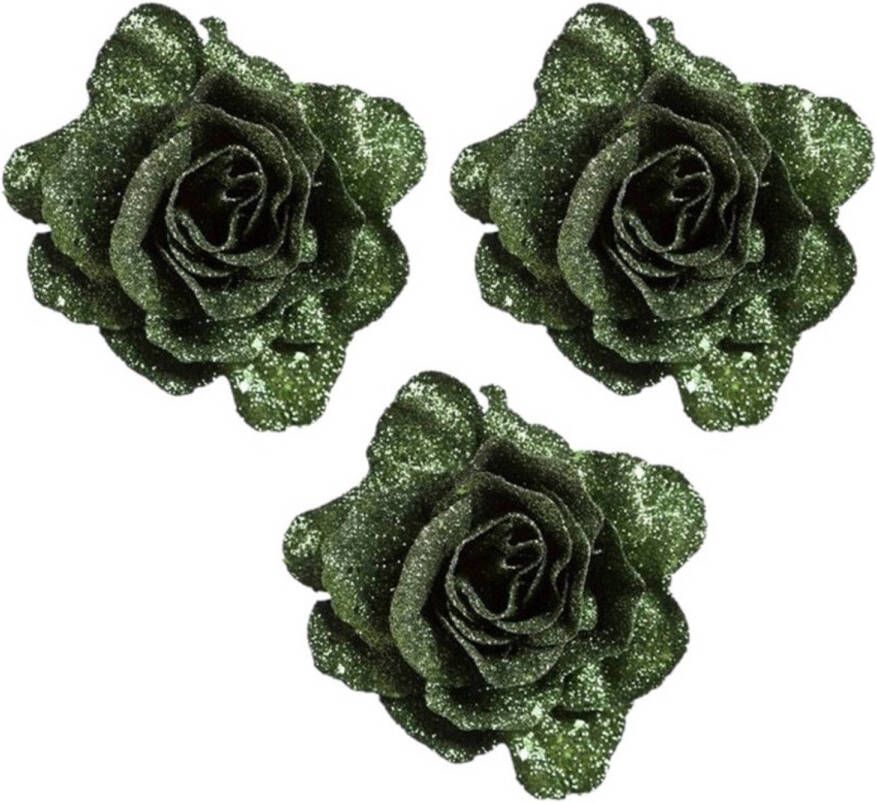 Merkloos 4x stuks groene rozen met glitters op clip 10 cm kerstversiering Kersthangers