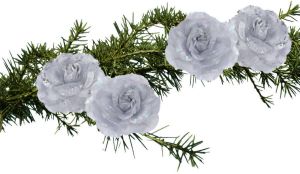 Merkloos 4x Stuks Kerstboom Decoratie Bloemen Rozen Zilver Op Clip 9 Cm Kersthangers