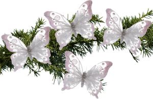 Merkloos 4x Stuks Kerstboom Decoratie Vlinders Op Clip Glitter Wit 15 5 Cm Kersthangers