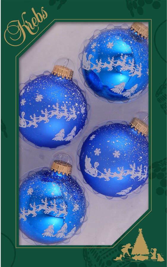 Merkloos 4x stuks luxe glazen kerstballen 7 cm blauw met witte slee Kerstbal