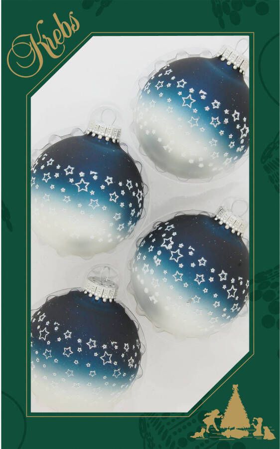 Merkloos 4x stuks luxe glazen kerstballen 7 cm blauw wit met sterren Kerstbal