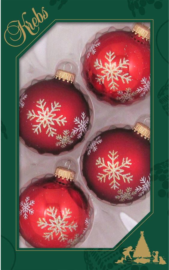 Merkloos 4x stuks luxe glazen kerstballen 7 cm rood met sneeuwvlok Kerstbal