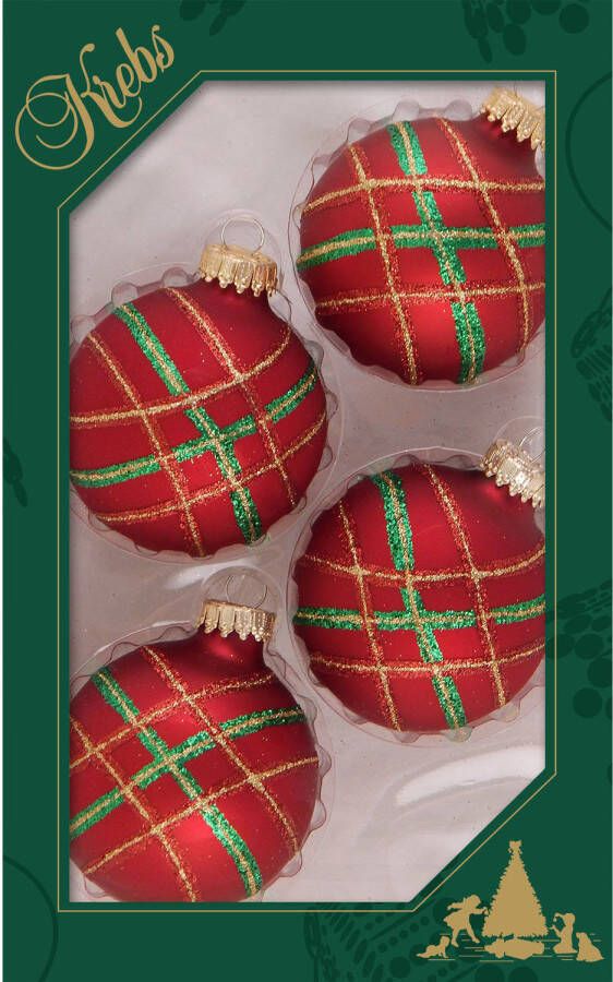 Merkloos 4x stuks luxe glazen kerstballen 7 cm rood velvet met ruit Kerstbal