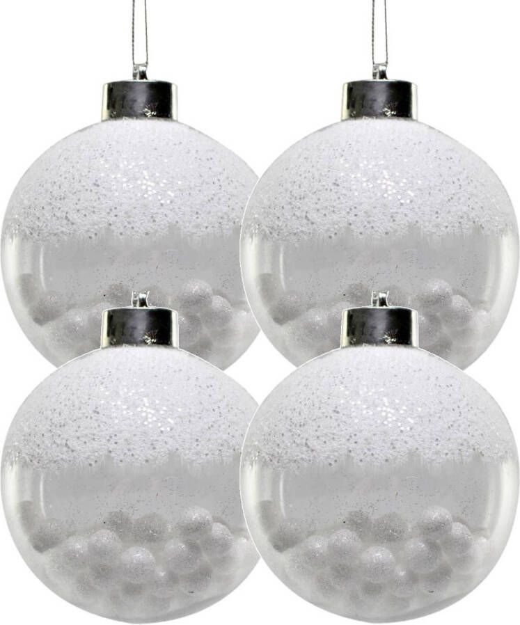 Merkloos 4x Witte kunststof kerstballen met sneeuwballetjes 8 cm Kerstbal