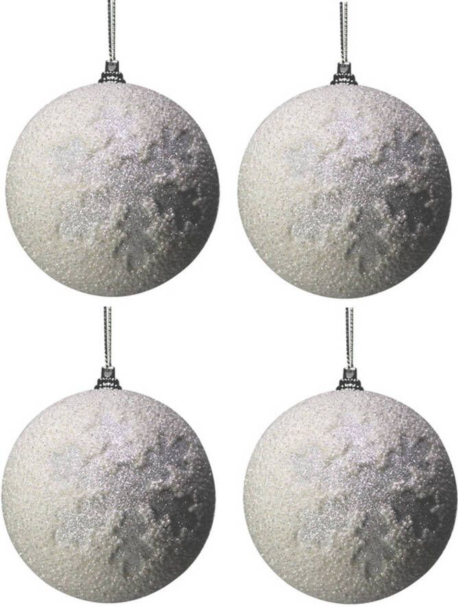 Merkloos 4x Witte kunststof kerstballen met sneeuwvlokken 8 cm Kerstbal