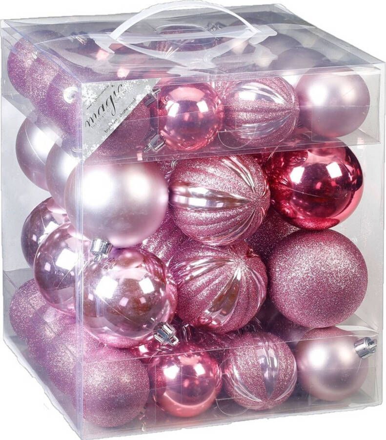 Merkloos 50x Mix roze kunststof kerstballen 6 cm mat glans Kerstbal