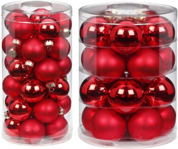 Merkloos 50x stuks glazen kerstballen rood mix 4 en 6 cm glans en mat Kerstbal