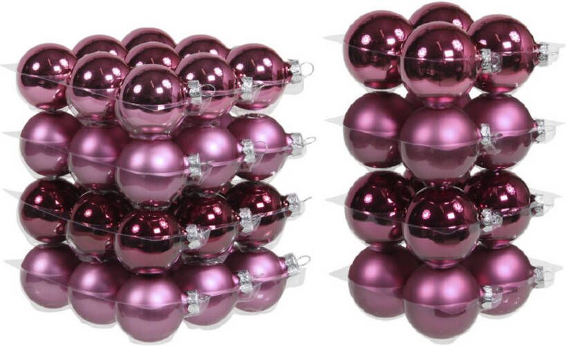 Merkloos 52x stuks glazen kerstballen cherry roze (heather) 6 en 8 cm mat glans Kerstbal
