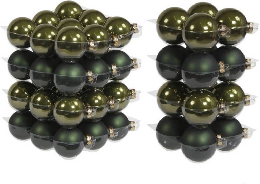 Merkloos 52x stuks glazen kerstballen donker olijf 6 en 8 cm mat glans Kerstbal