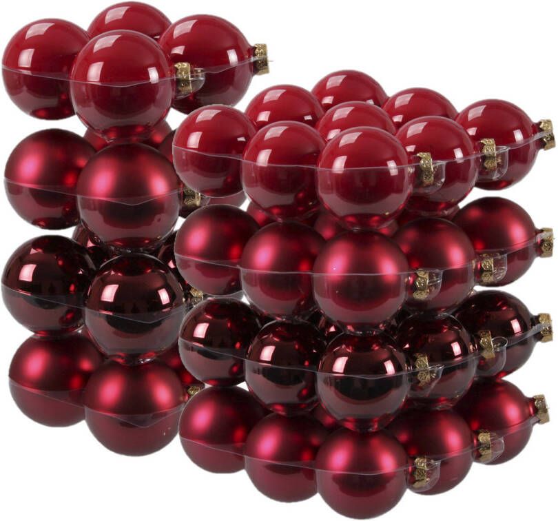 Merkloos 52x stuks glazen kerstballen rood donkerrood 6 en 8 cm mat glans Kerstbal
