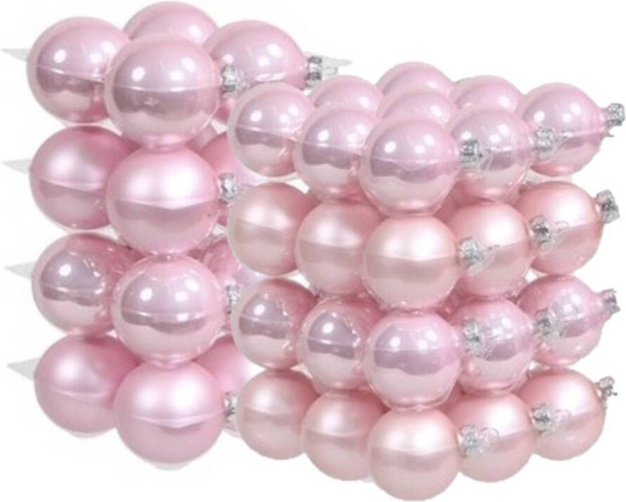 Merkloos 52x stuks roze glazen kerstballen 6 en 8 cm mat glans Kerstbal