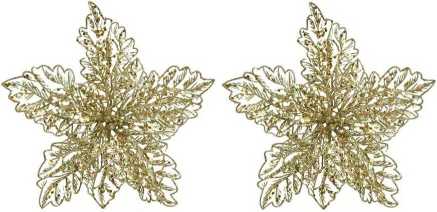 Merkloos 5x Kerstboomversiering op clip gouden glitter bloem 23 cm Kersthangers
