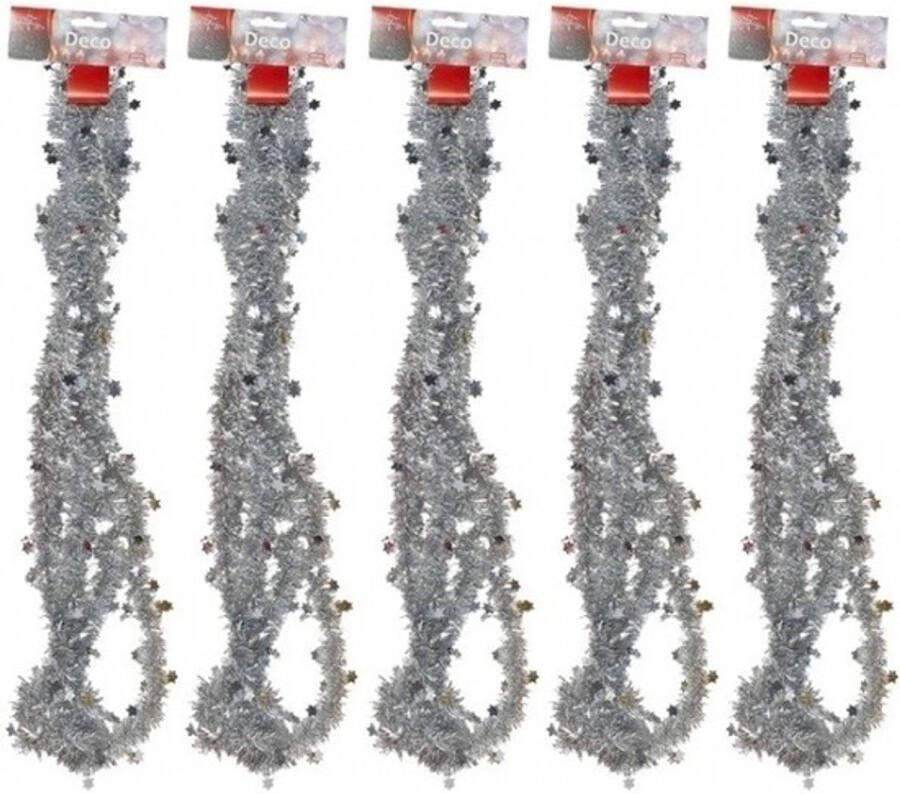 Merkloos 5x Zilveren tinsel kerstslingers met sterren 270 cm Kerstslingers