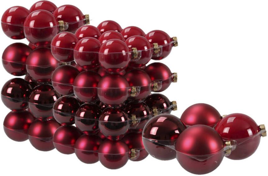 Merkloos 60x stuks glazen kerstballen rood donkerrood 6 8 en 10 cm mat glans Kerstbal