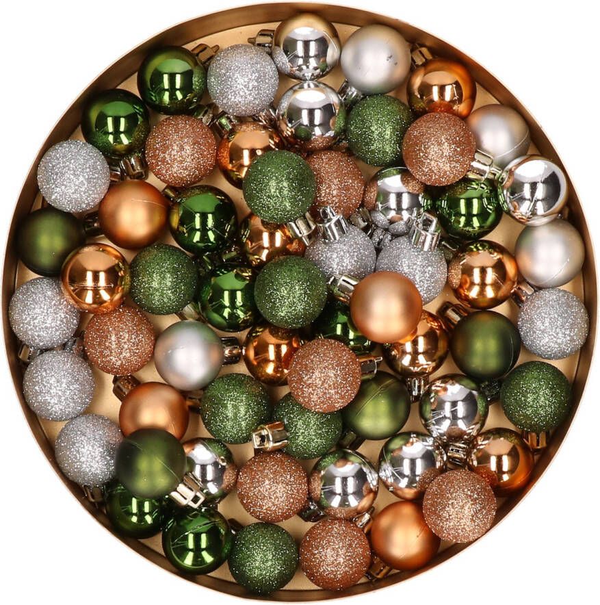 Merkloos 60x stuks kunststof kerstballen mix koper groen zilver 3 cm Kerstbal
