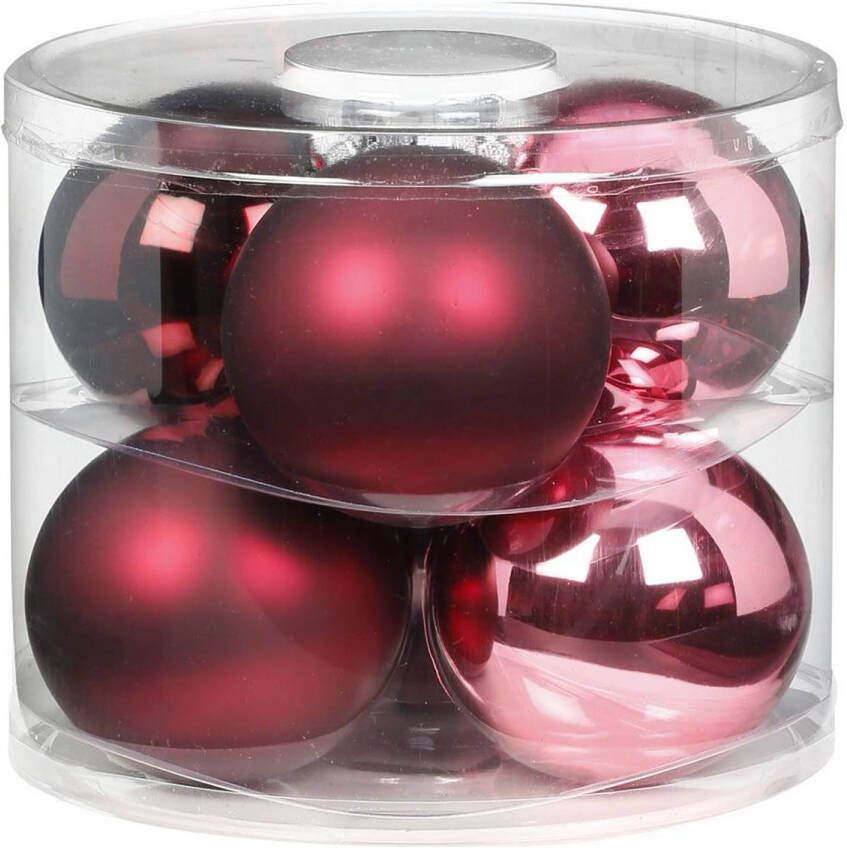 Merkloos 6x Berry Kiss mix roze rode glazen kerstballen 10 cm glans en mat Kerstbal