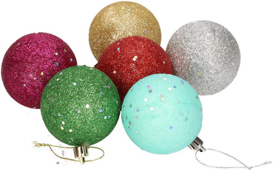 Merkloos 6x Gekleurde onbreekbare kerstballen met glitters 6 cm Kerstbal