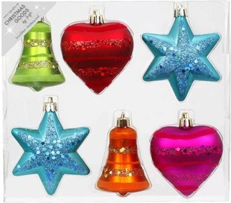 Merkloos 6x Kunststof plastic ornamenten mix gekleurd 9 cm kerstversiering Kersthangers
